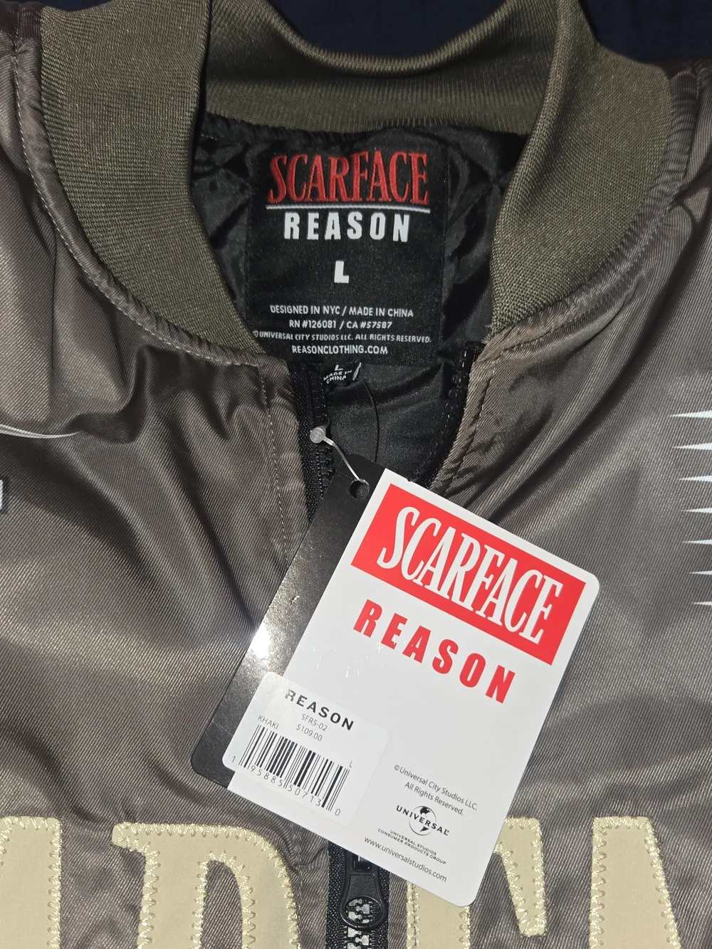 Reason Scarface Varsity Jacket Colorblock Khaki Size L - Picture 2 of 3